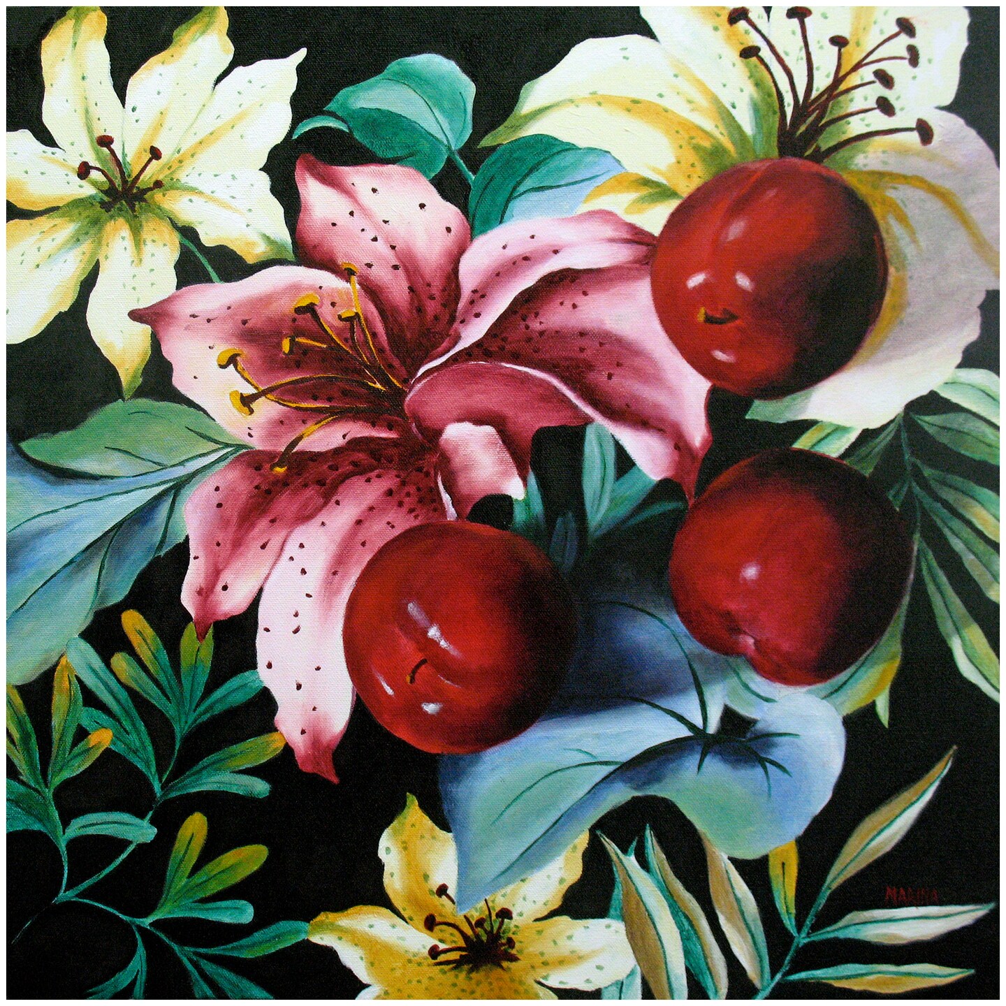 Lillies and Plums Still Life Original Oil Painting on Canvas, Kitchen Dining Decor, Wall Decor 302738711693312000
