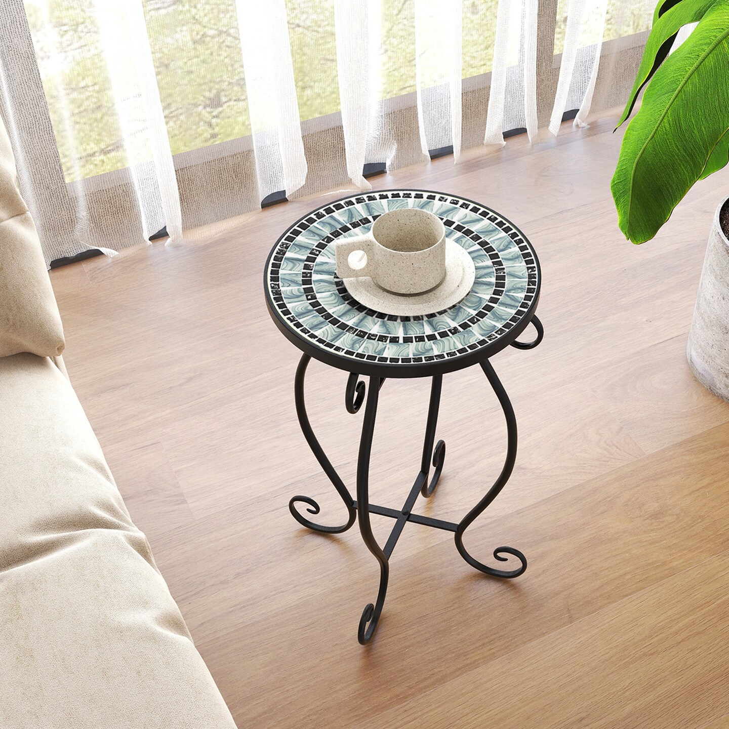 Costway Mosaic Outdoor Round End Table with Weather Resistant Ceramic Tile Tabletop