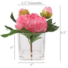Set of 2: Artificial Pre-Made Peony Arrangement in Faux Water Look Glass Square Vase | 10-Inch | Pink | Floral Arrangement | Parties & Events | Home & Office Decor