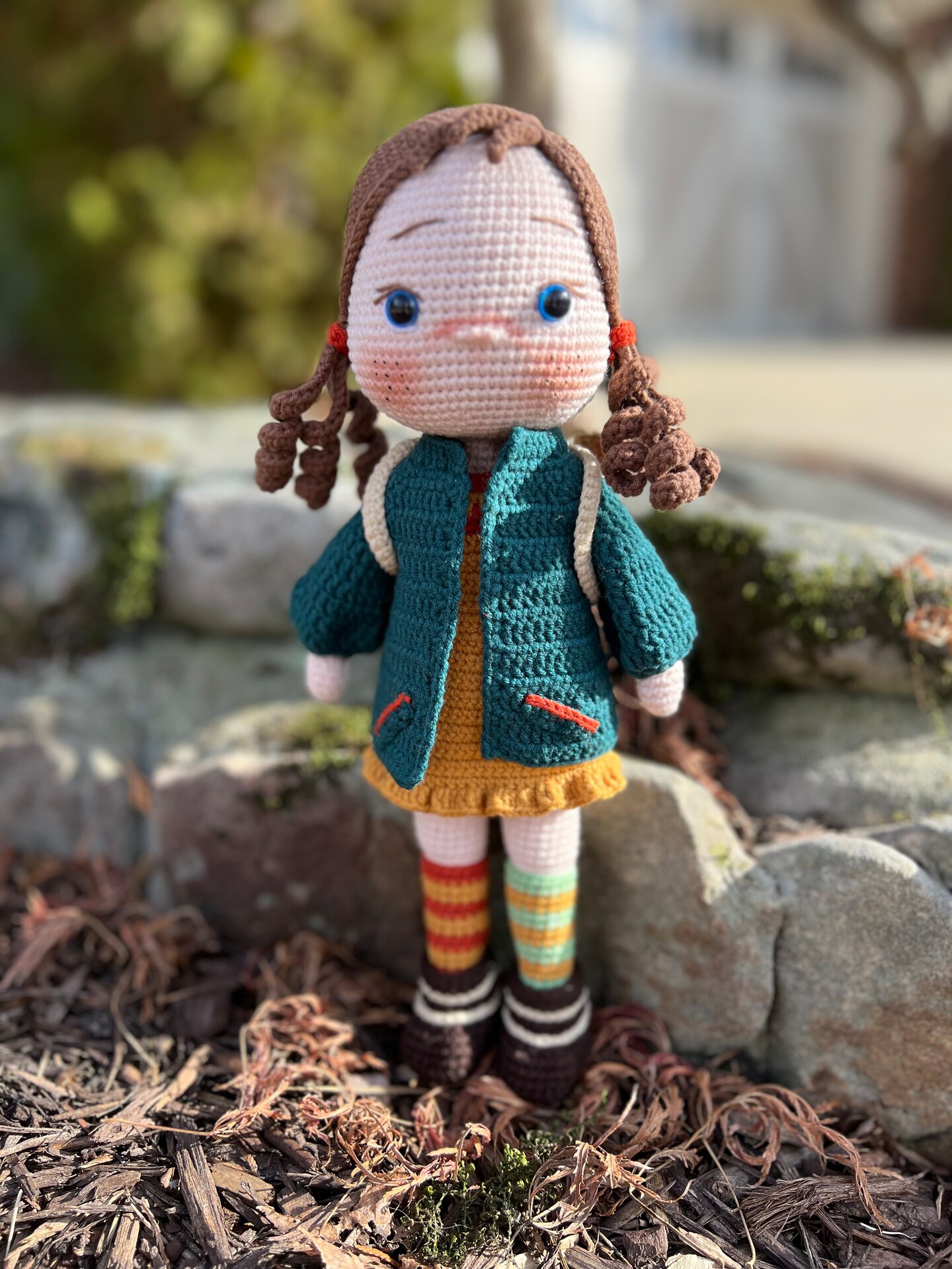 Crocheted Girl with Bunny Backpack, Readymade Amigurumi Doll