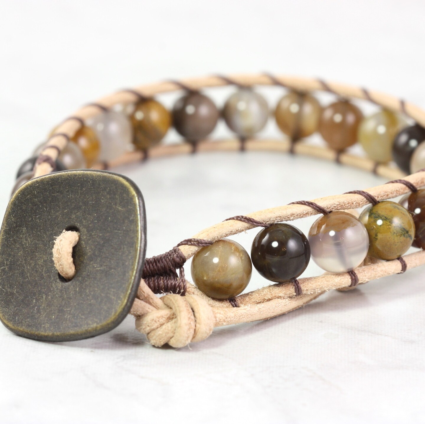 Smoky Crystal Brown Leather Triple good Wrap Bracelet with Real Blue Butterfly Button