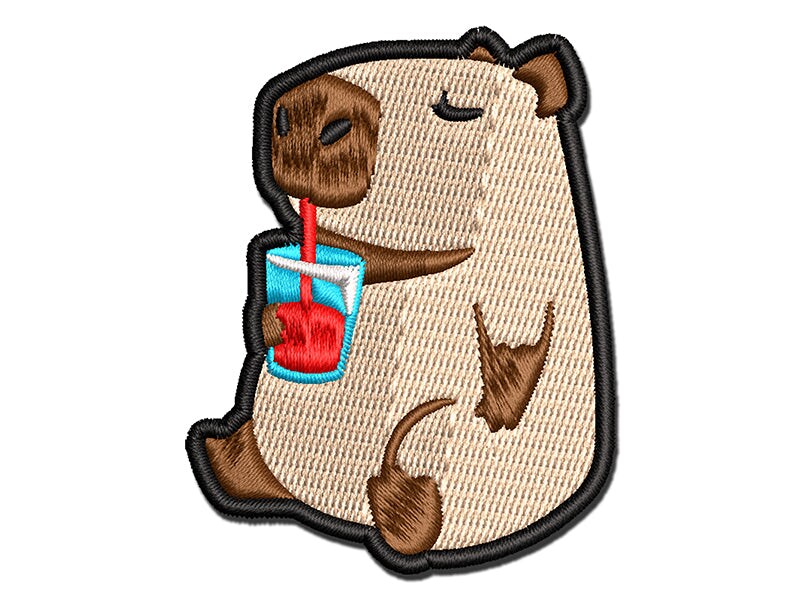 Chill Capybara Drinking Juice Multi-Color Embroidered Iron-On or Hook &#x26; Loop Patch Applique