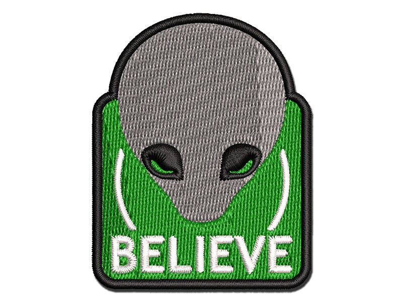 Believe Gray Alien Head Multi-Color Embroidered Iron-On or Hook &#x26; Loop Patch Applique