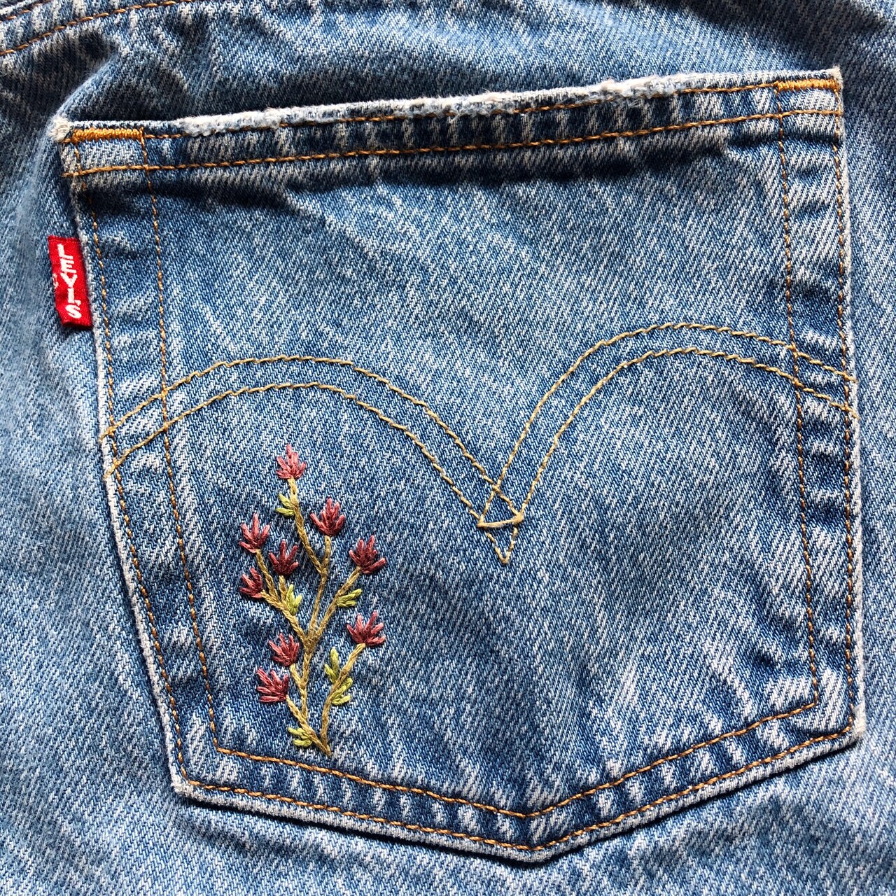 Floral Denim Pocket Embroidery with DMC