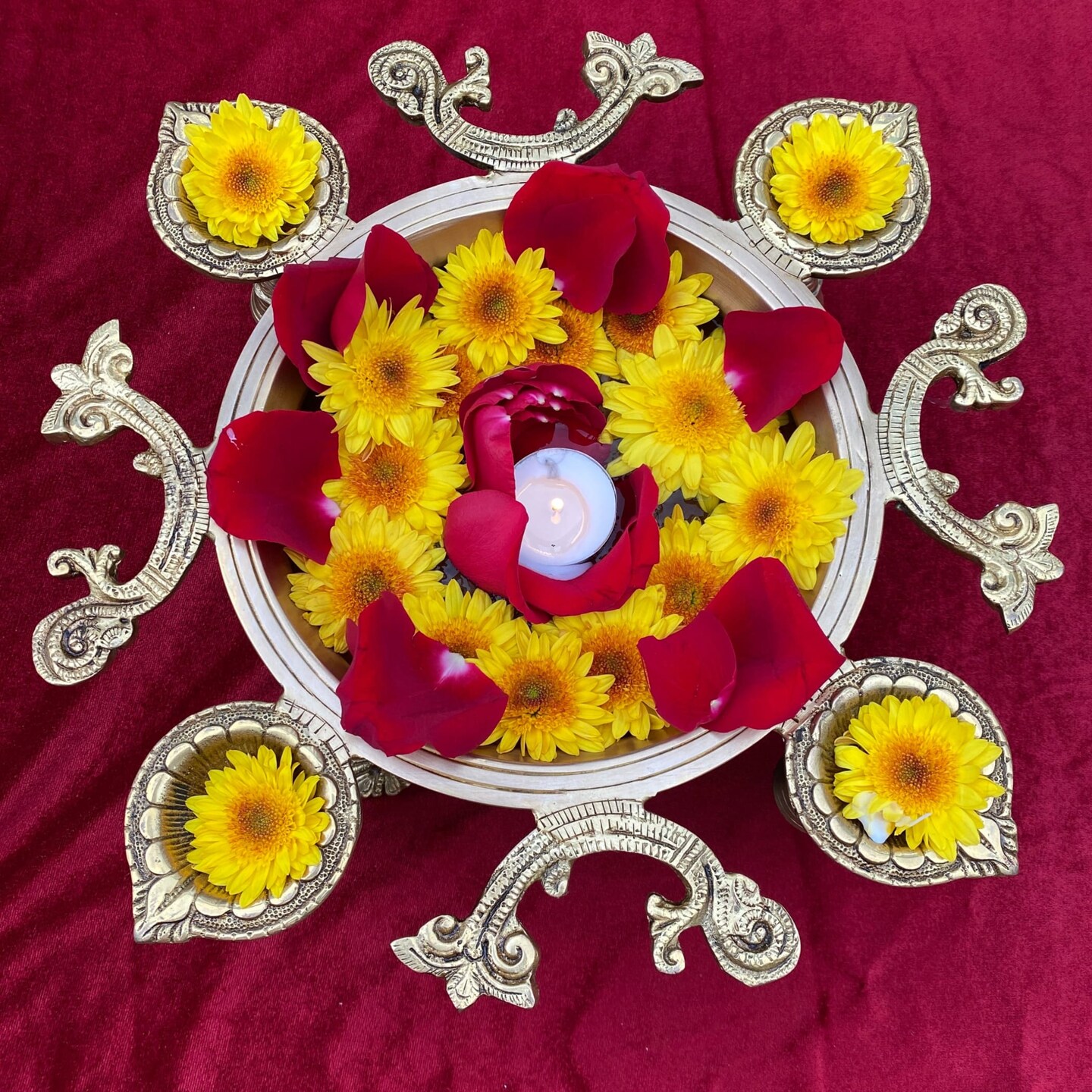 Brass Urli Bowl with Diya Bells 4.25 Inch Flower Decorative Urli Bowls for Floating Flowers Tea Light Candles Home Office Table Decor Diwali Decoration Indian Ethnic Showpiece Item (4 Diya)