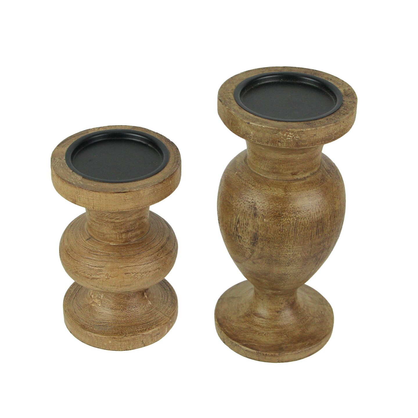 Set of 2 Turned Wood and Metal Pedestal Pillar or Votive Candle Holders