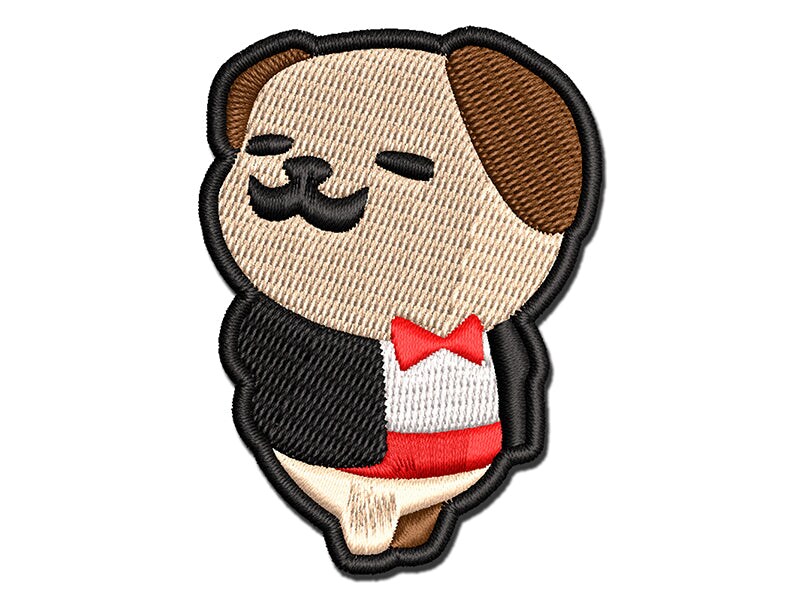 Gentleman Pug with Tuxedo Bowtie Multi-Color Embroidered Iron-On or Hook &#x26; Loop Patch Applique