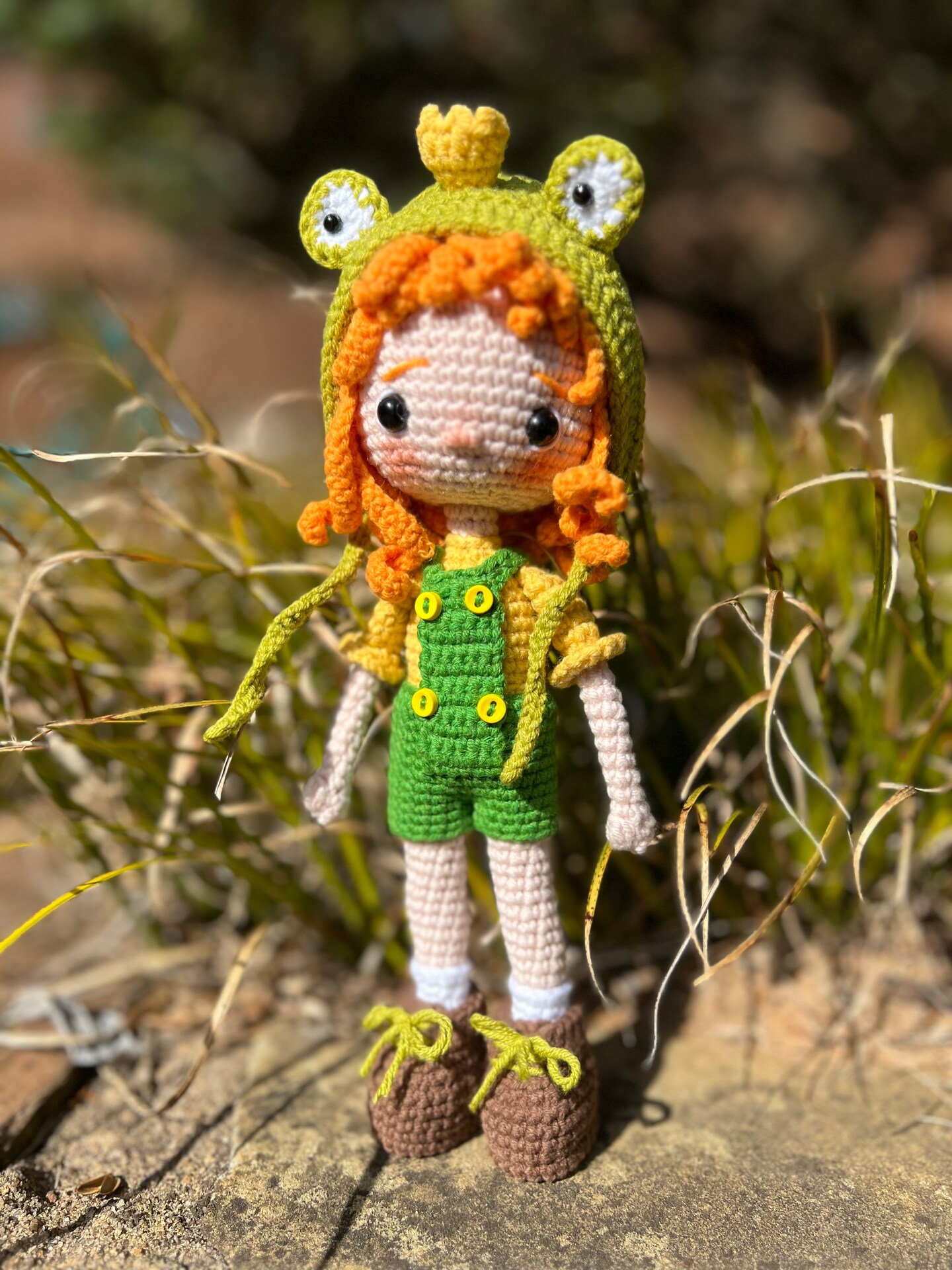 Tiny Girl With A Frog Hat Amigurumi Crochet Doll, Handmade Knitted