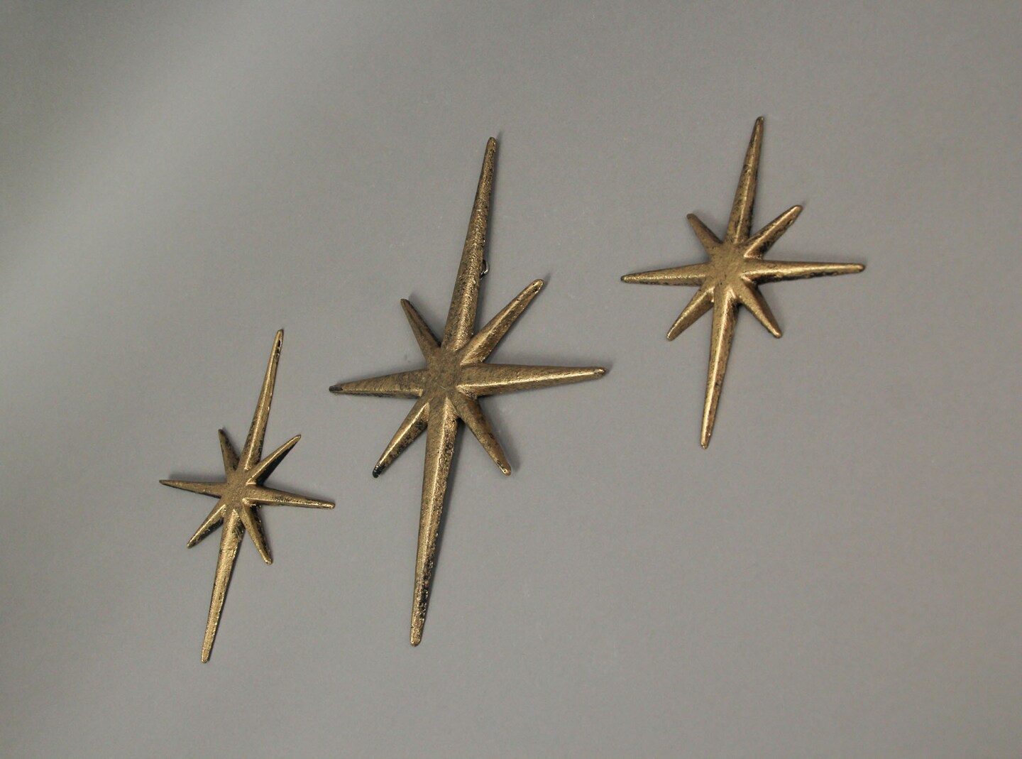 Set of 3 Cast Iron Starburst Wall Hangings Mid Century Modern 8 Pointed Stars