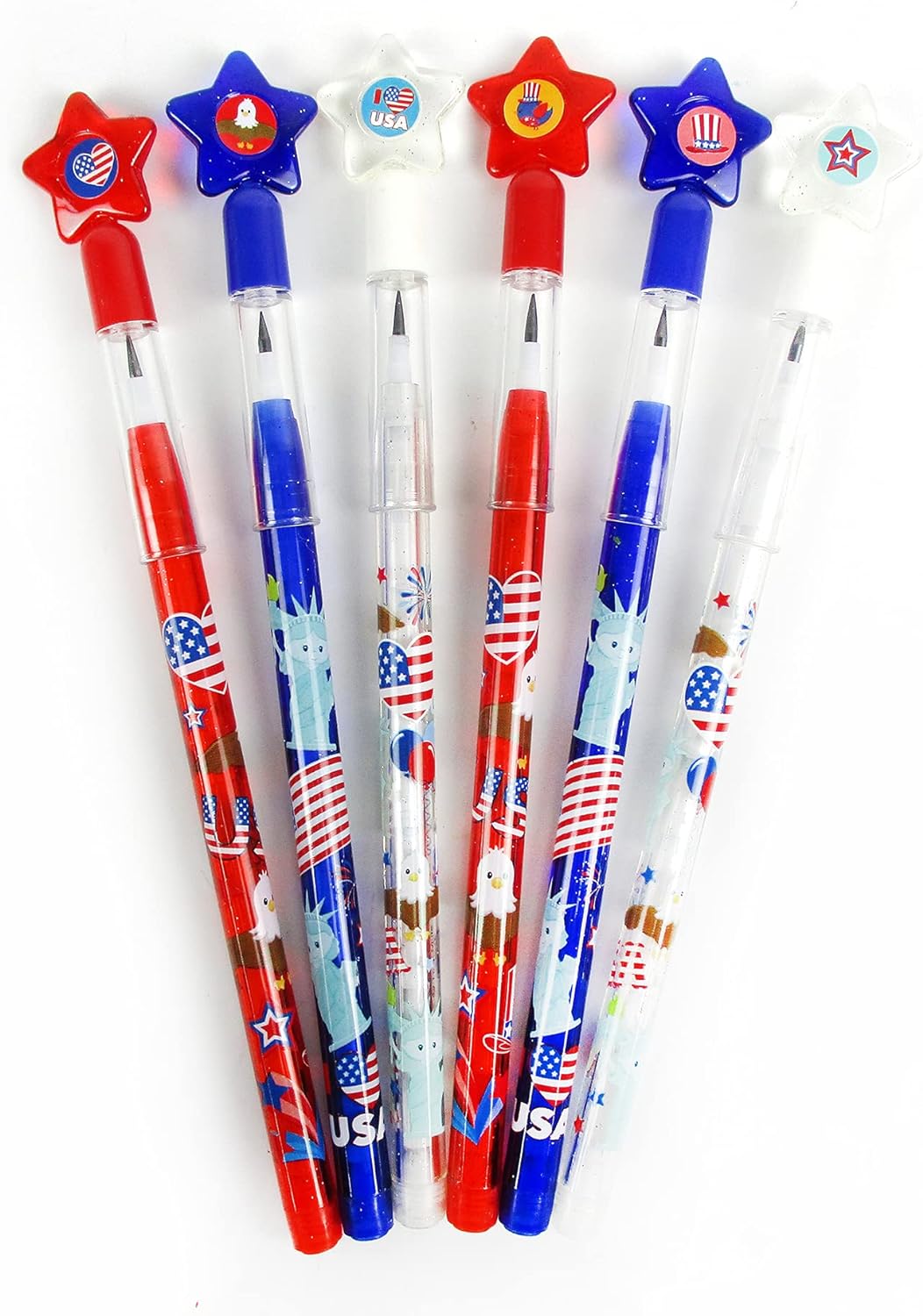 TINYMILLS 24 Pcs Patriotic 4th of July Multi Point Stackable Push Pencil Assortment with Eraser