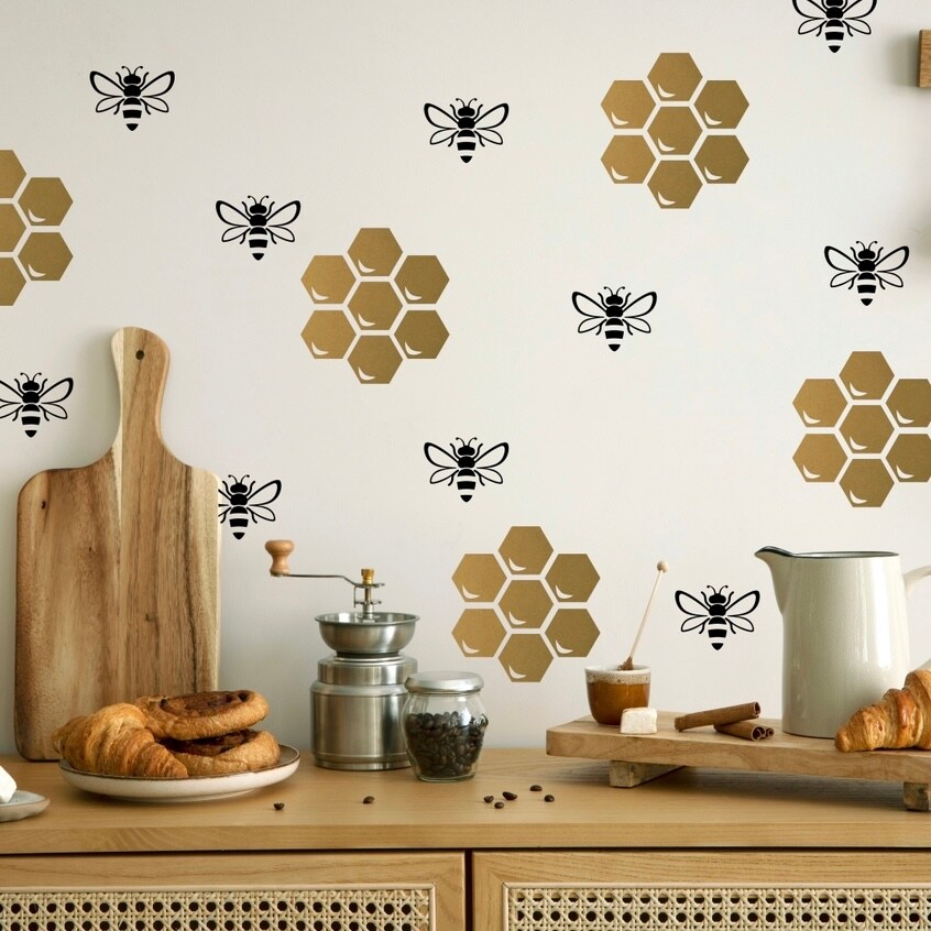 Bees and Honeycomb Wall Decals, Removable Geometric Kitchen Decal ...