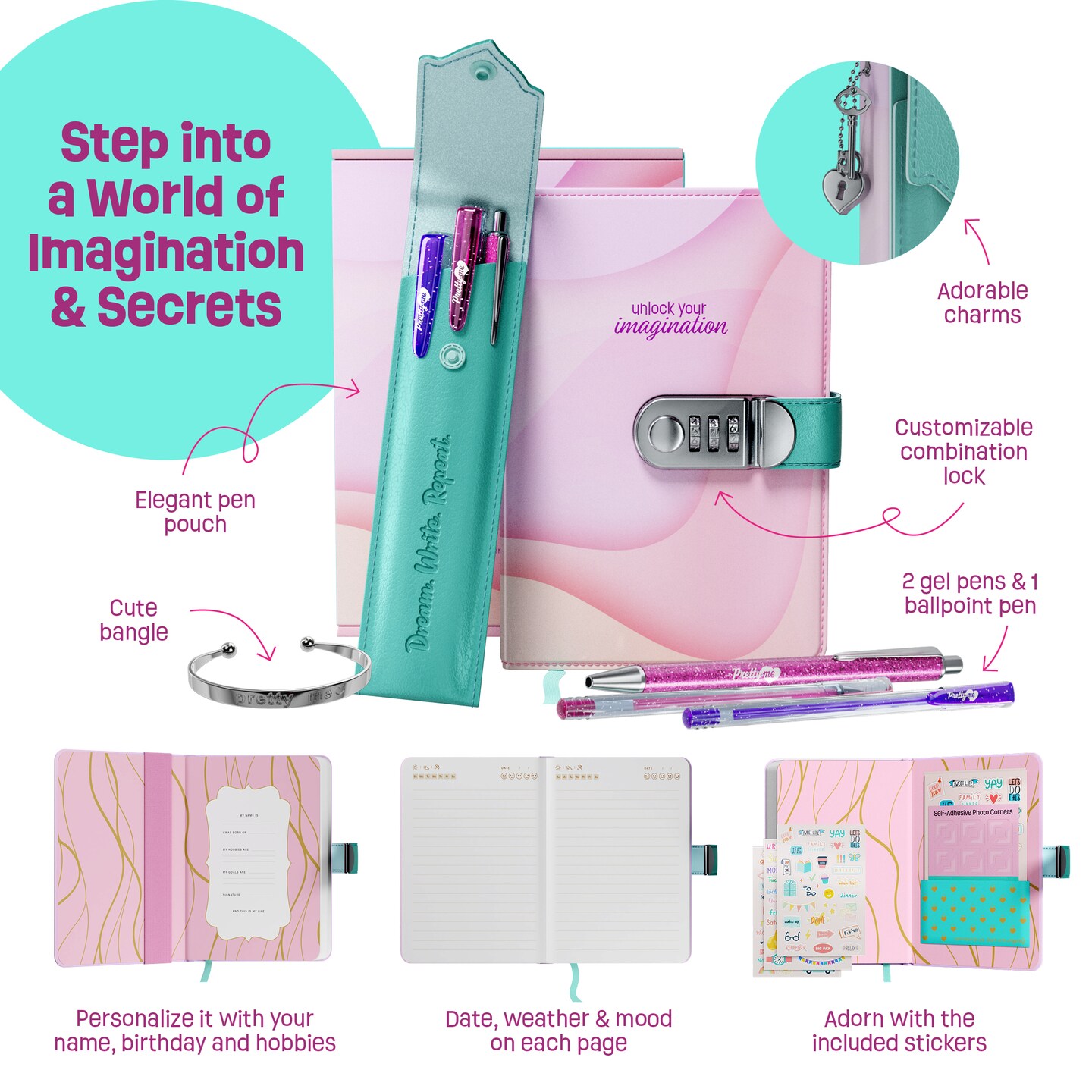 Secret Diary Set with Lock for Girls - Kids Locking Journal for Teens, Tweens - Birthday Gift Ideas for Girl Ages 8-12+ - Best Locked Journals Notebooks