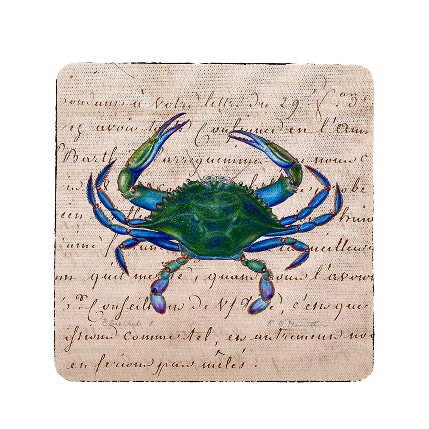 Betsy Drake Male Blue Script Crab Coaster Set of 4