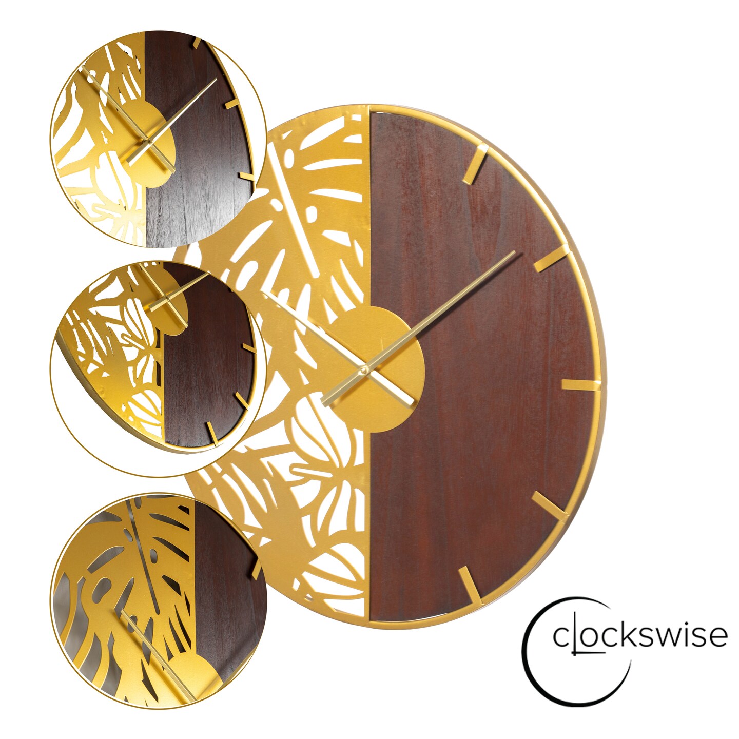 23.6&#x201D; Modern Round Big Wall Clock, Decorative brown wood and gold Metal with Leaf Cutout Oversize Timepiece for Entryway Office Living Room Bedroom or Kitchen, Hanging Supplies Included, Unique Elegant Home Decor