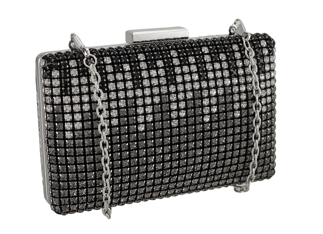 Rhinestones And Snakeskin Clutch Purse w/Detachable Chain