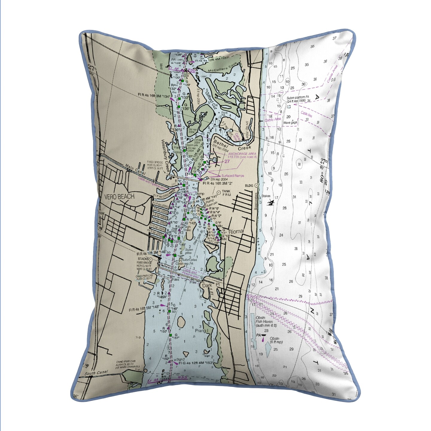 Vero Beach, FL Nautical Map Pillow 20x24 &#x2013; Extra Large Zippered