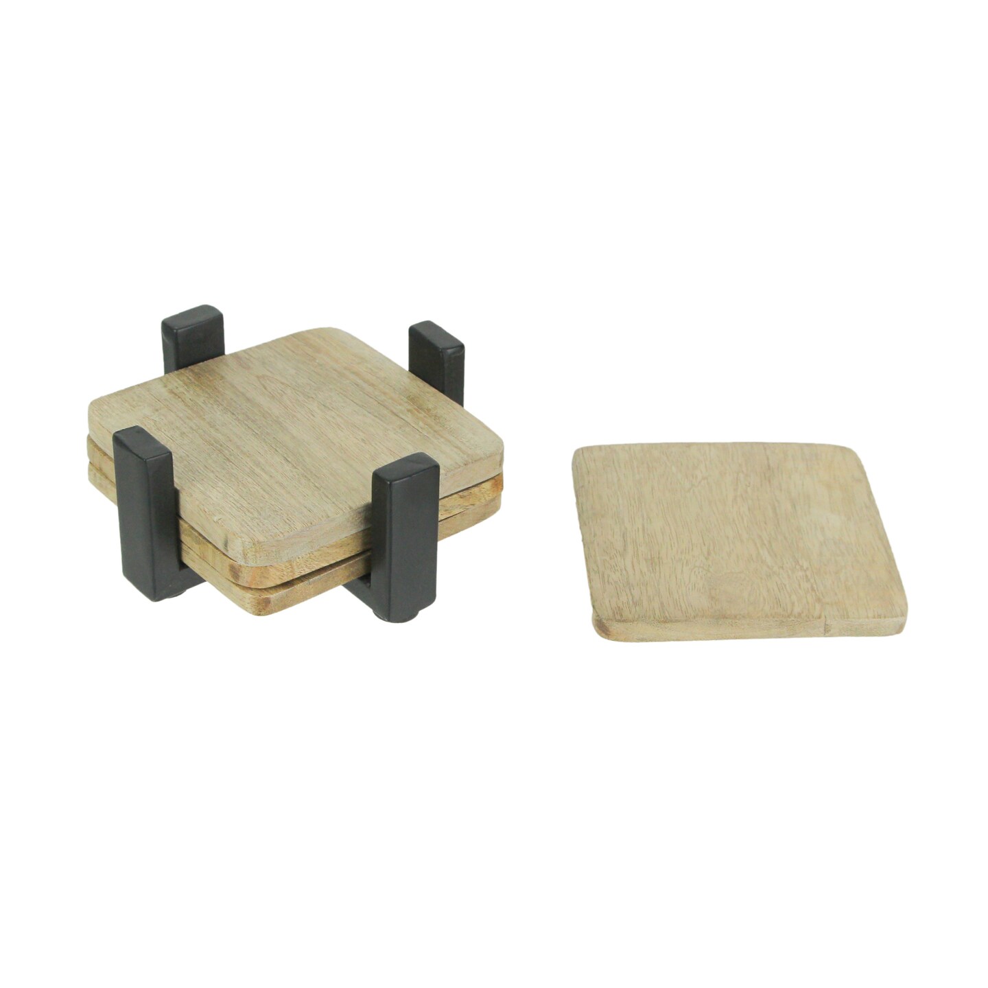 Set of 4 Wood Square Coasters Metal Holder Rustic Home Decor Drink Cup Accessory