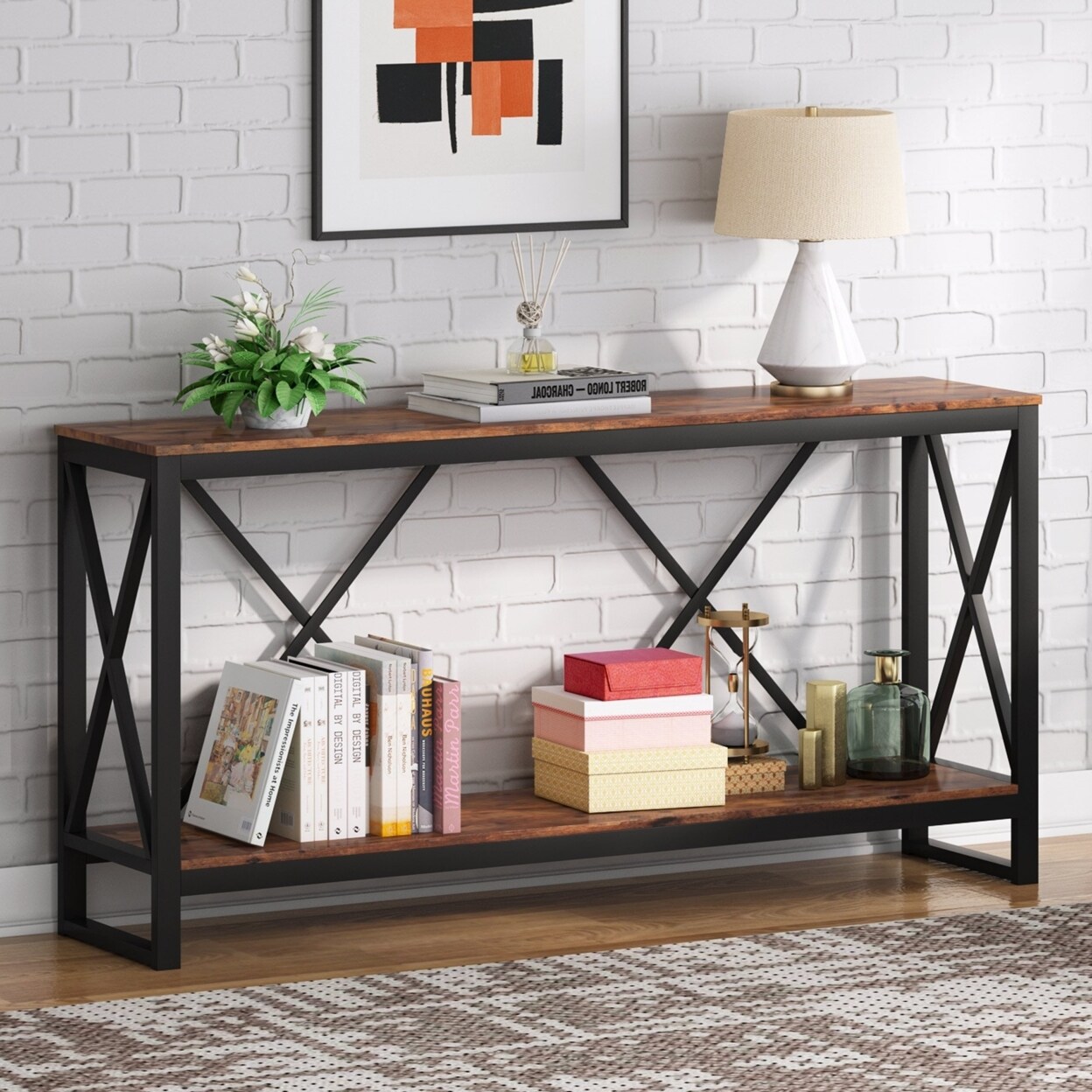 Tribesigns 70.9 Inch Industrial Sofa Console Table Black Steel Rustic Wood
