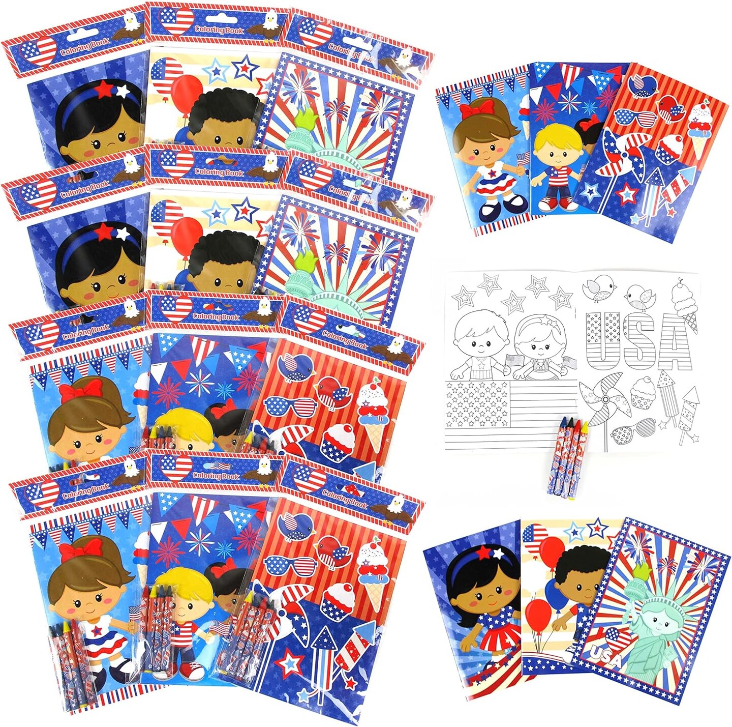 TINYMILLS Patriotic I Love USA Coloring Books Set with Crayons-Patriotic Party Favors with 12 Coloring Books and 48 Crayons,