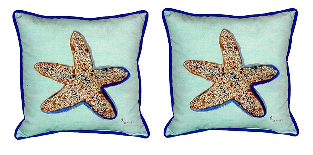 Pair of Betsy Drake Starfish - Teal Indoor/Outdoor Pillows 12 X 12