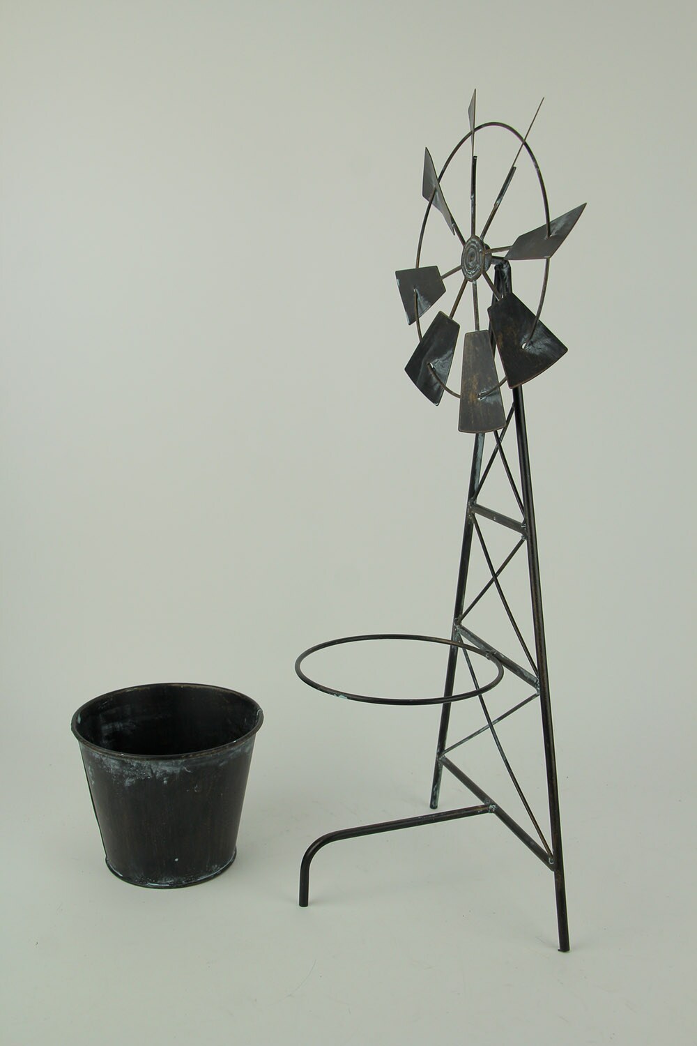 Distressed Metal Farmhouse Garden Windmill Trellis Planter with Pot