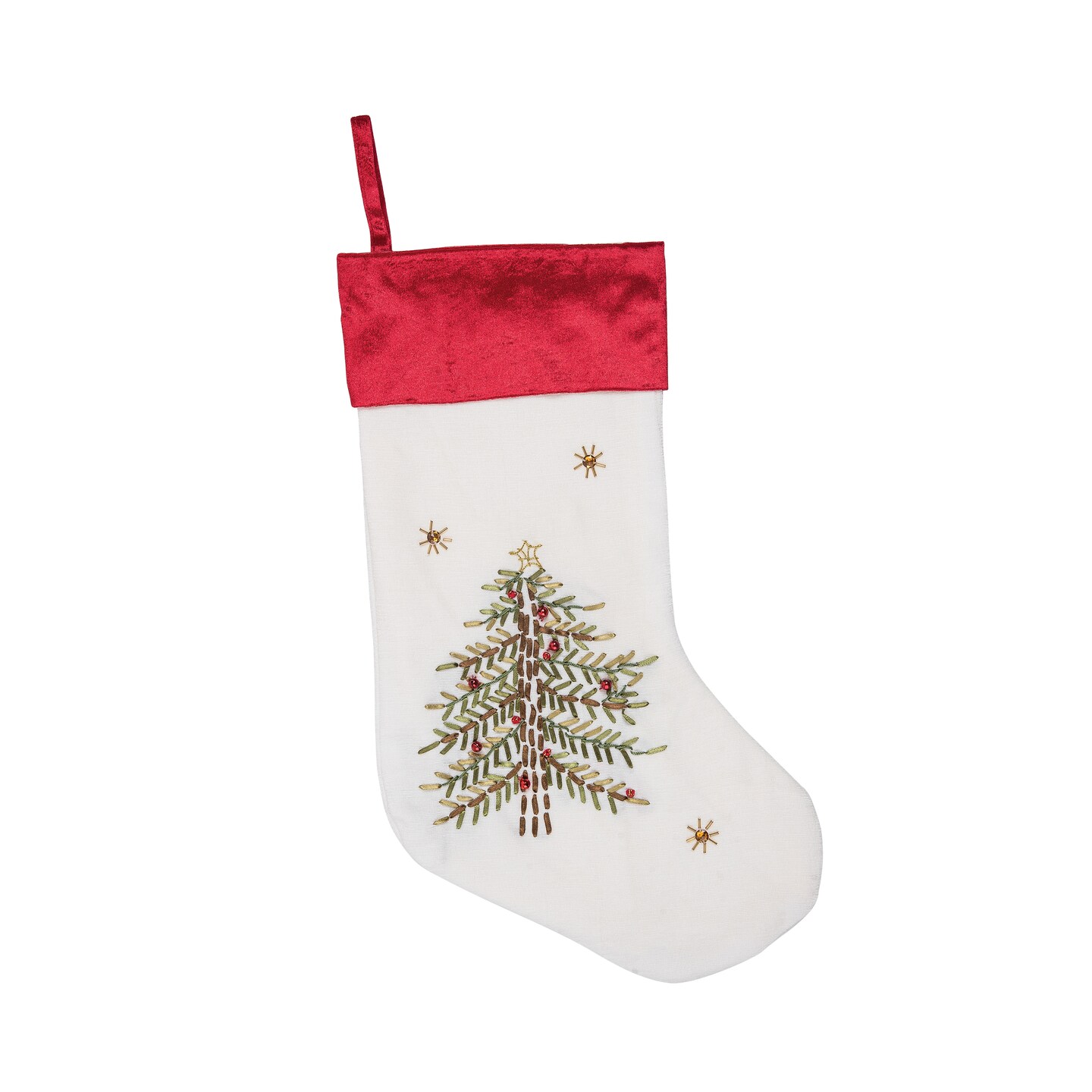 Ribbon Decorated Green Christmas Tree on White Background with Red Velvet Cuff Stocking, 20.0 inch