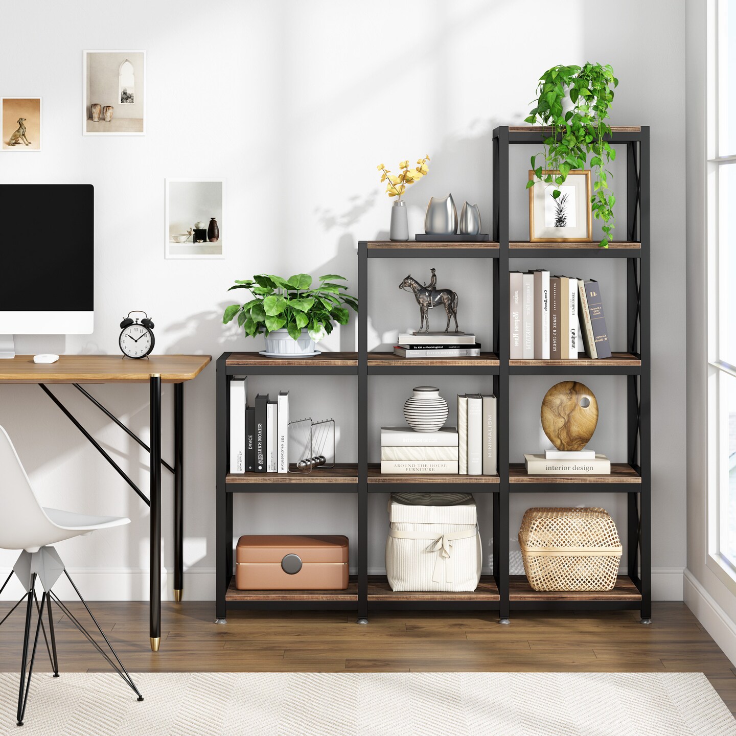 Industrial Ladder Corner Bookshelf 12 Shelves 9 Cubes Open Front Storage Rustic