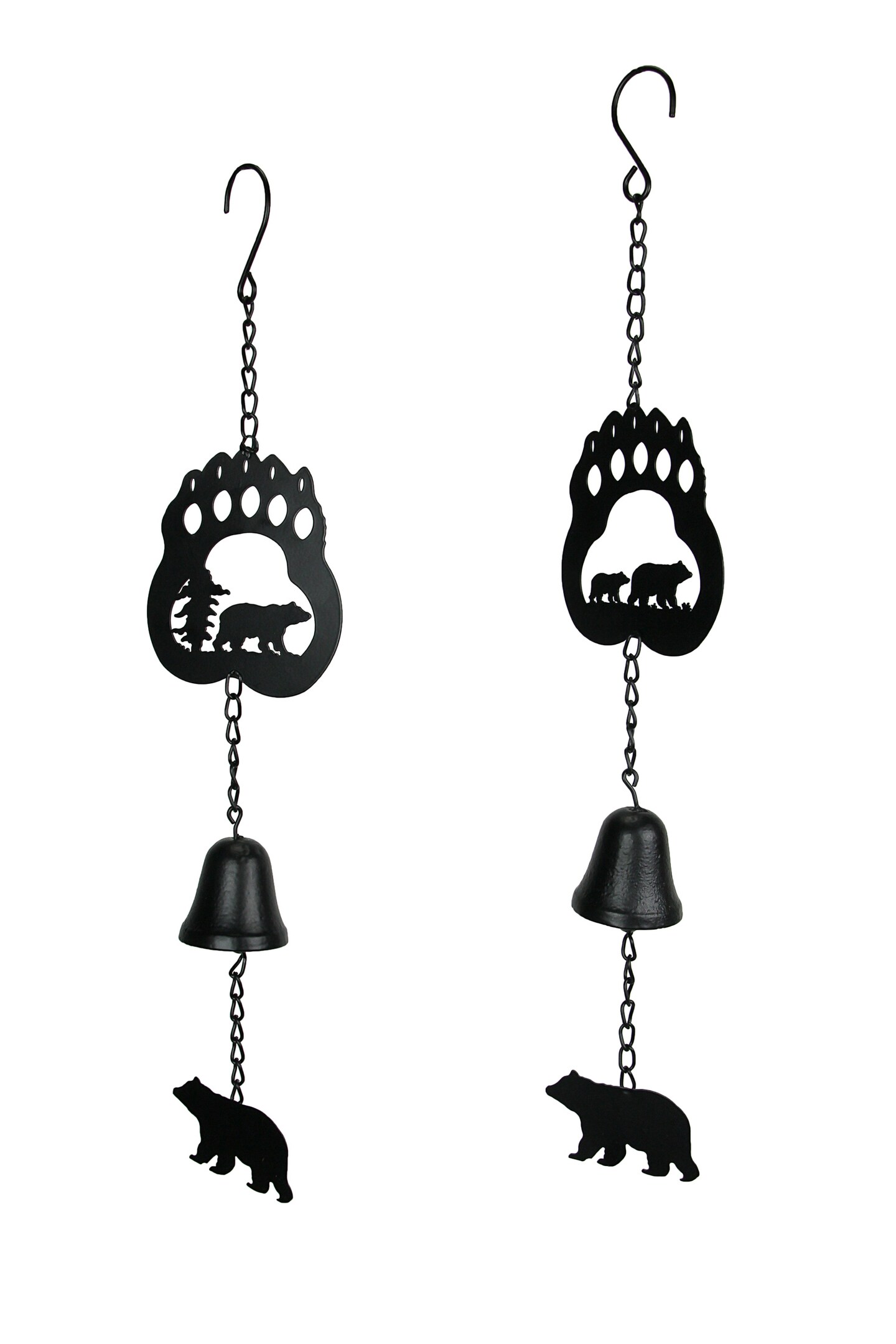 Set of 2 Rustic Lodge Style Black Bear Hanging Wind Chimes With Cast Iron Bells