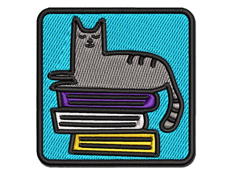 Cat and Books Reading Doodle Multi-Color Embroidered Iron-On or Hook &#x26; Loop Patch Applique