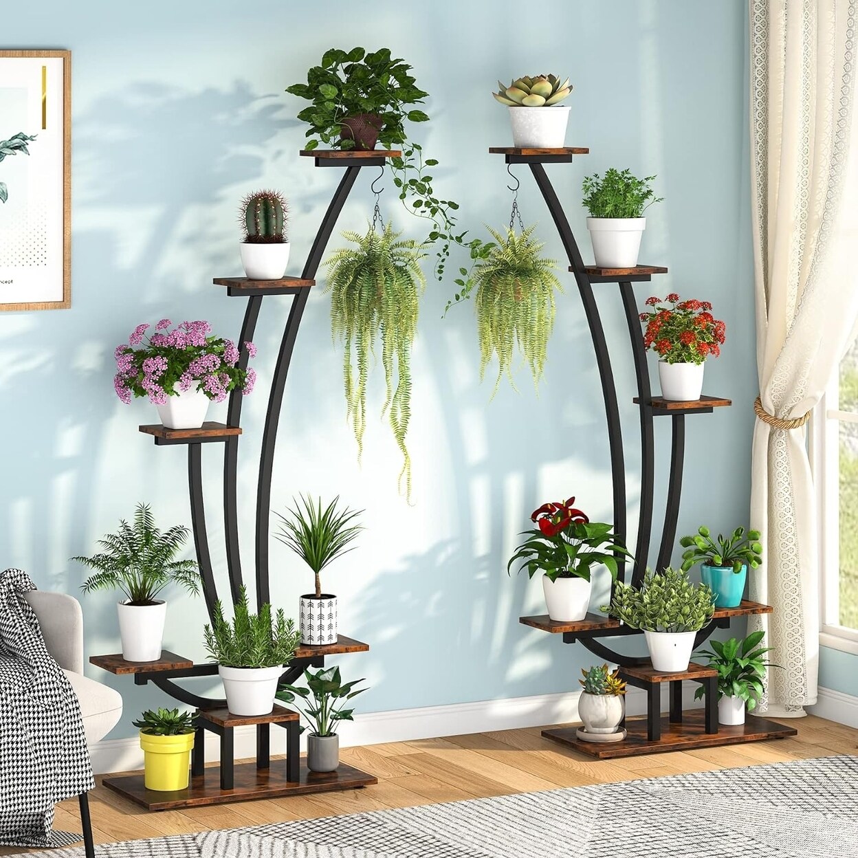 Tribesigns   6 Tier Metal Plant Stand Pack of 2 Multi-Purpose Curved Plant Display Shelf with 2 Hanging Hooks
