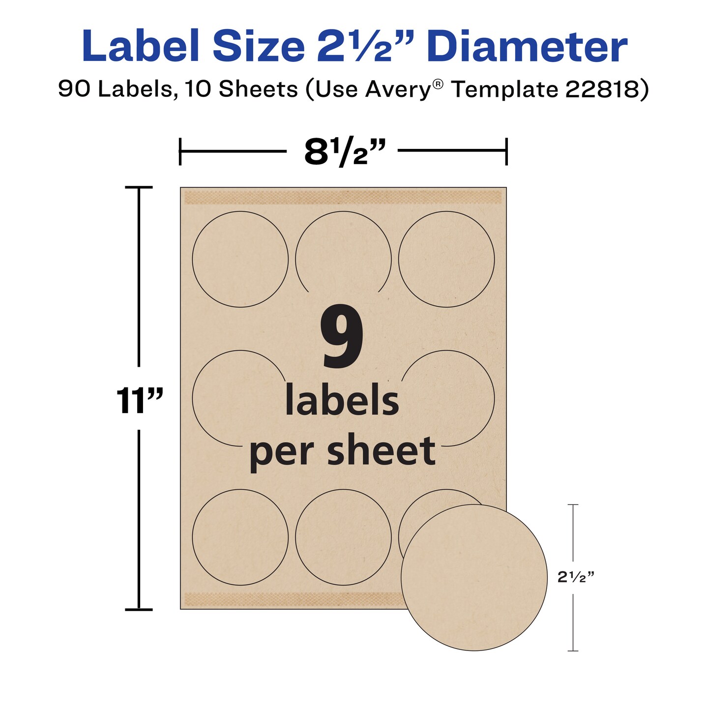 Avery Kraft Brown Round Labels with Sure Feed Technology, 2.5&#x22; Diameter, Print to the Edge, Laser/Inkjet Printable Labels, 90 Total (22818)