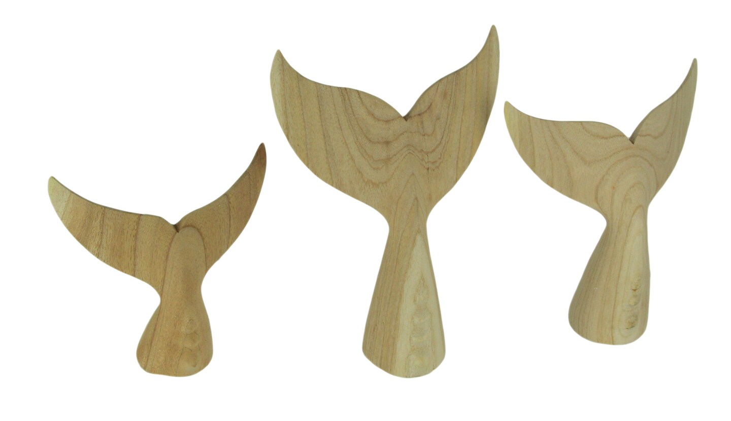 Hand Carved Wood Whale Tail Sculptures Coastal Decor Set of 3