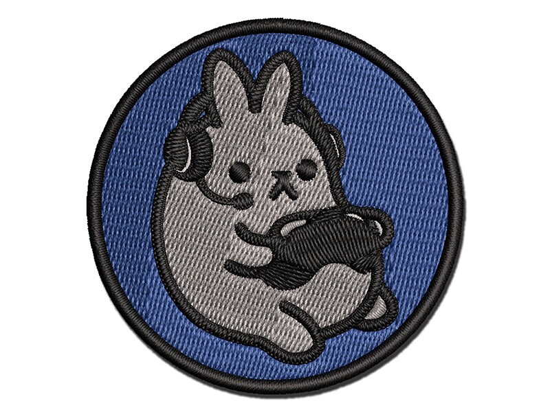 Geek Gamer Bunny Rabbit Playing Console Games Multi-Color Embroidered Iron-On or Hook &#x26; Loop Patch Applique