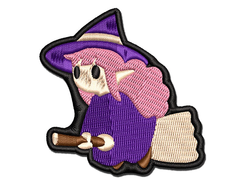 Cute Witch Floating on Broom Multi-Color Embroidered Iron-On or Hook &#x26; Loop Patch Applique