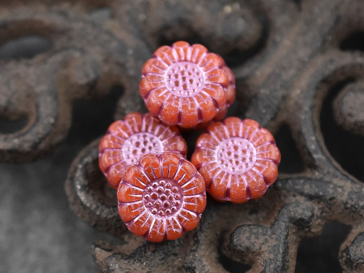 *12* 13mm Metallic Pink Washed Orange Opaline Sunflower Coin Beads