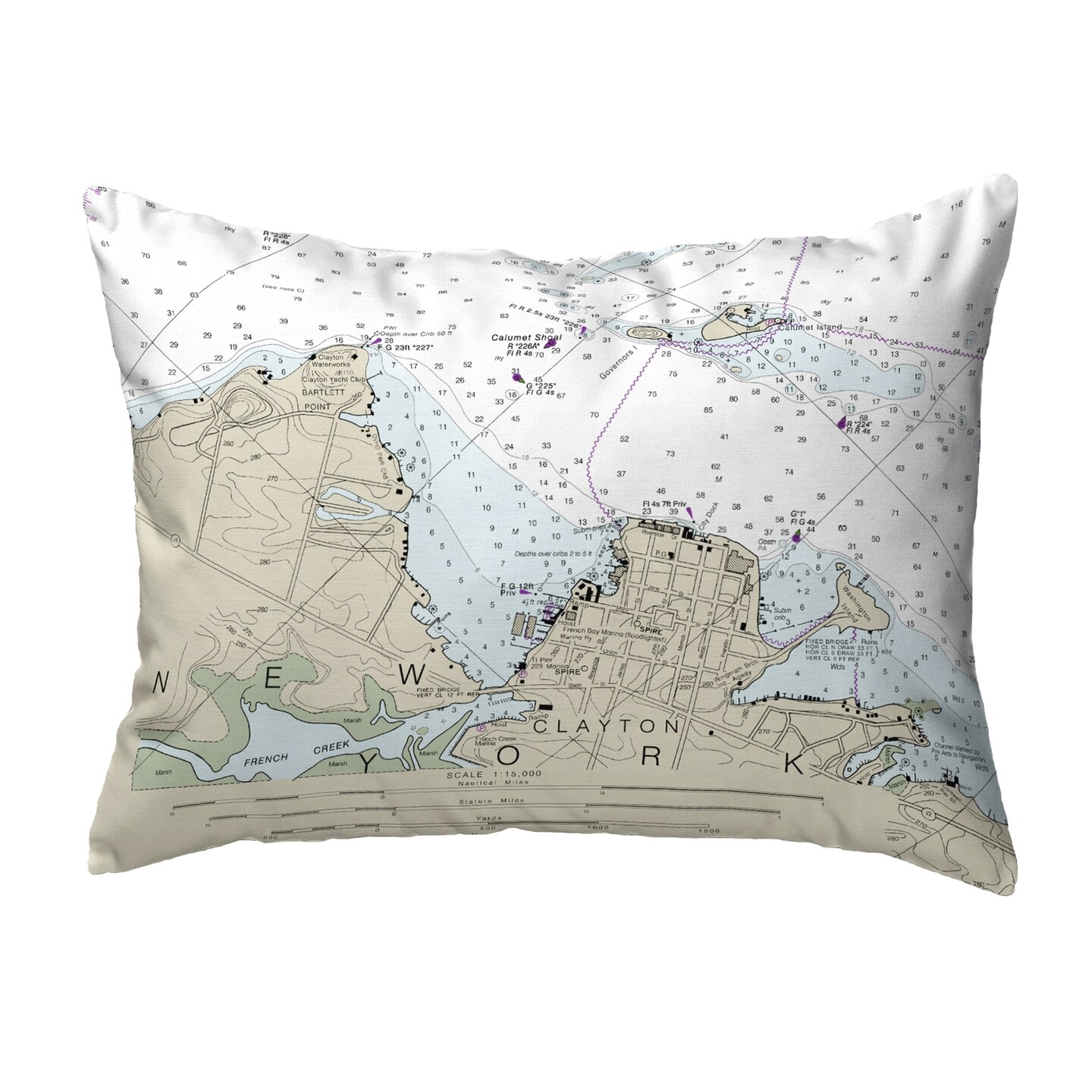 Betsy Drake Clayton, NY Nautical Map Noncorded Indoor/Outdoor Pillow ...