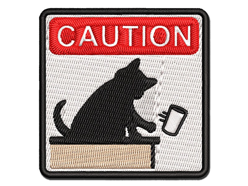 Caution Cat Knocks Things Over Multi-Color Embroidered Iron-On or Hook &#x26; Loop Patch Applique