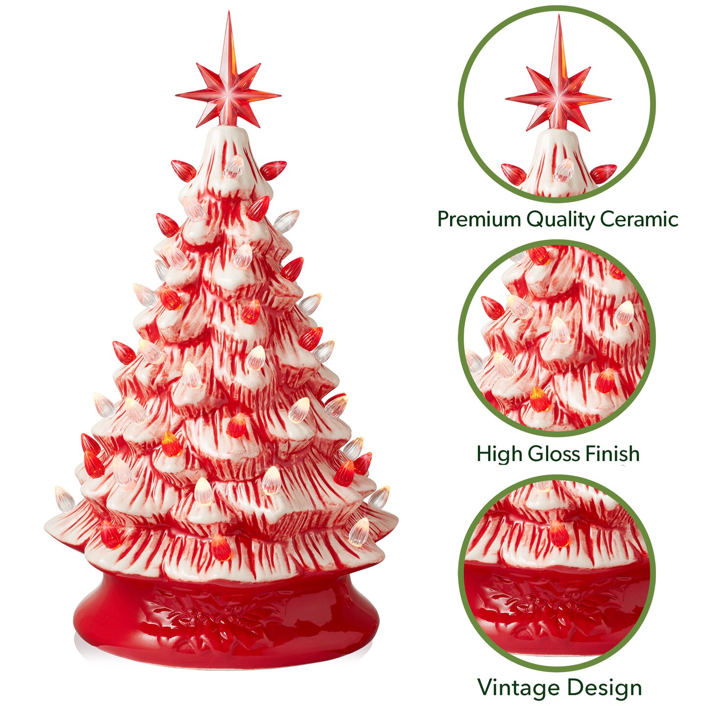 Casafield Hand Painted Ceramic Christmas Tree, Red and White Peppermint 15-Inch Pre-Lit Tree with 128 Red and Clear Lights and 2 Star Toppers