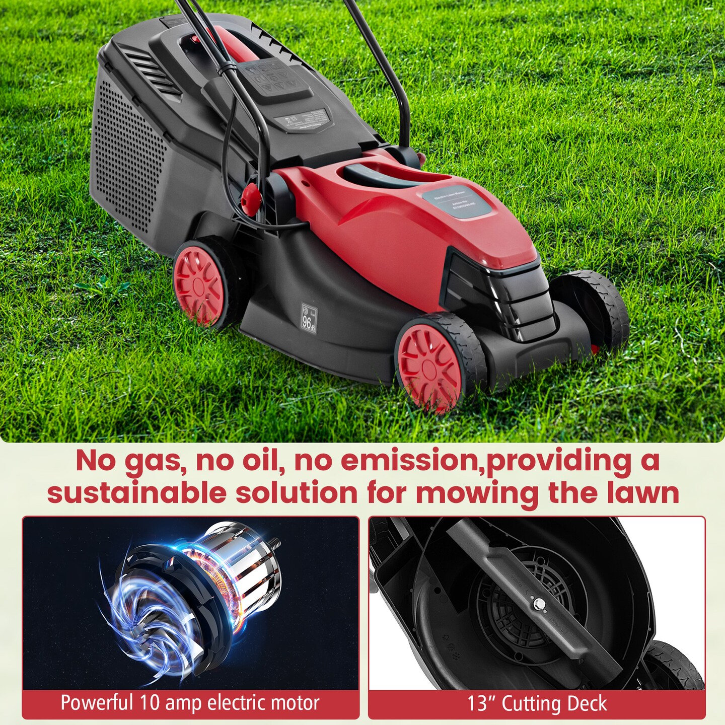 10 AMP 13 Inch Electric Corded Lawn Mower with Collection Box