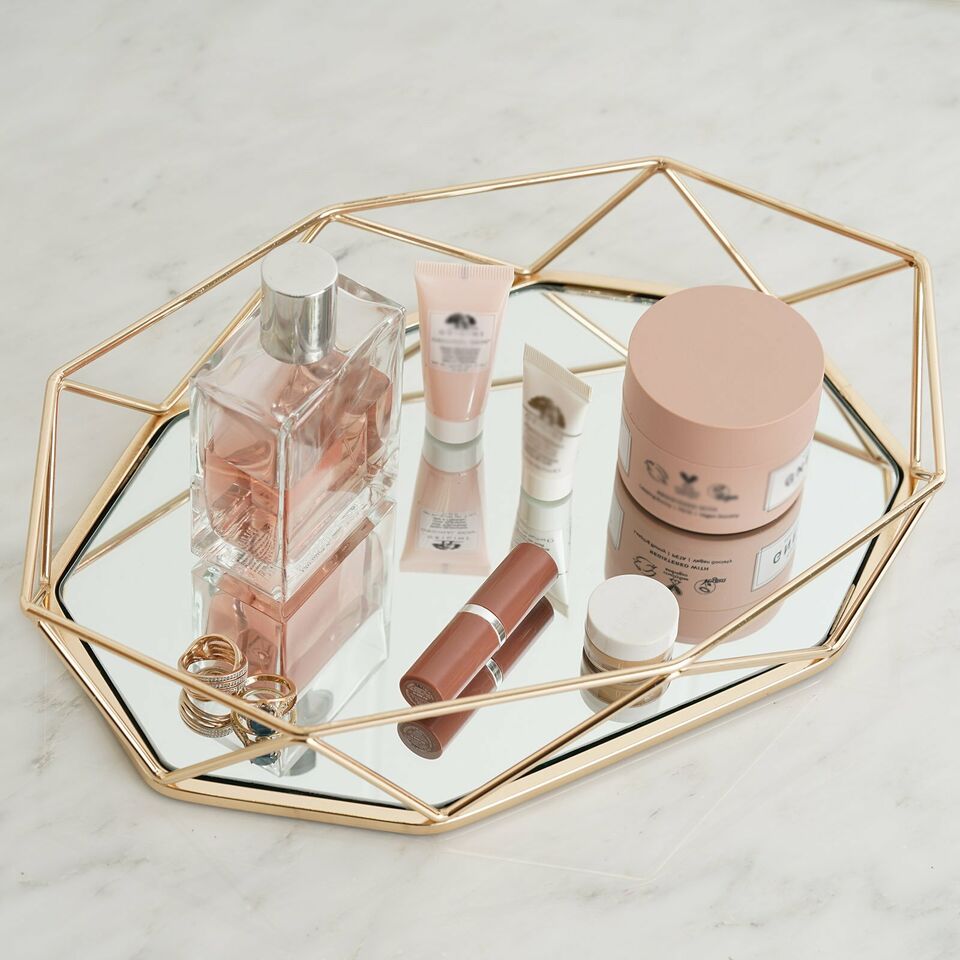14x9-Inch Gold Mirrored Metal Geometric Decorative Serving Tray