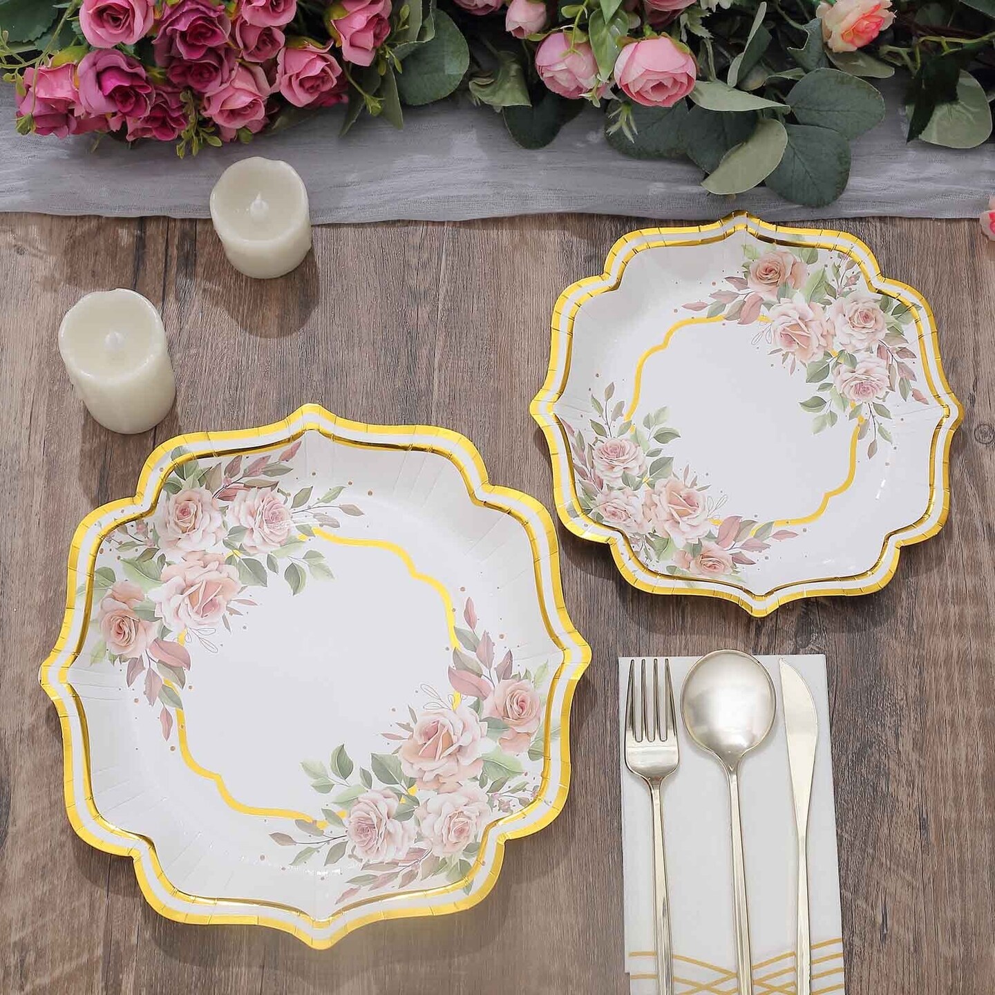 25 WHITE 10" Floral Paper Salad DINNER PLATES GOLD Scallop Rim