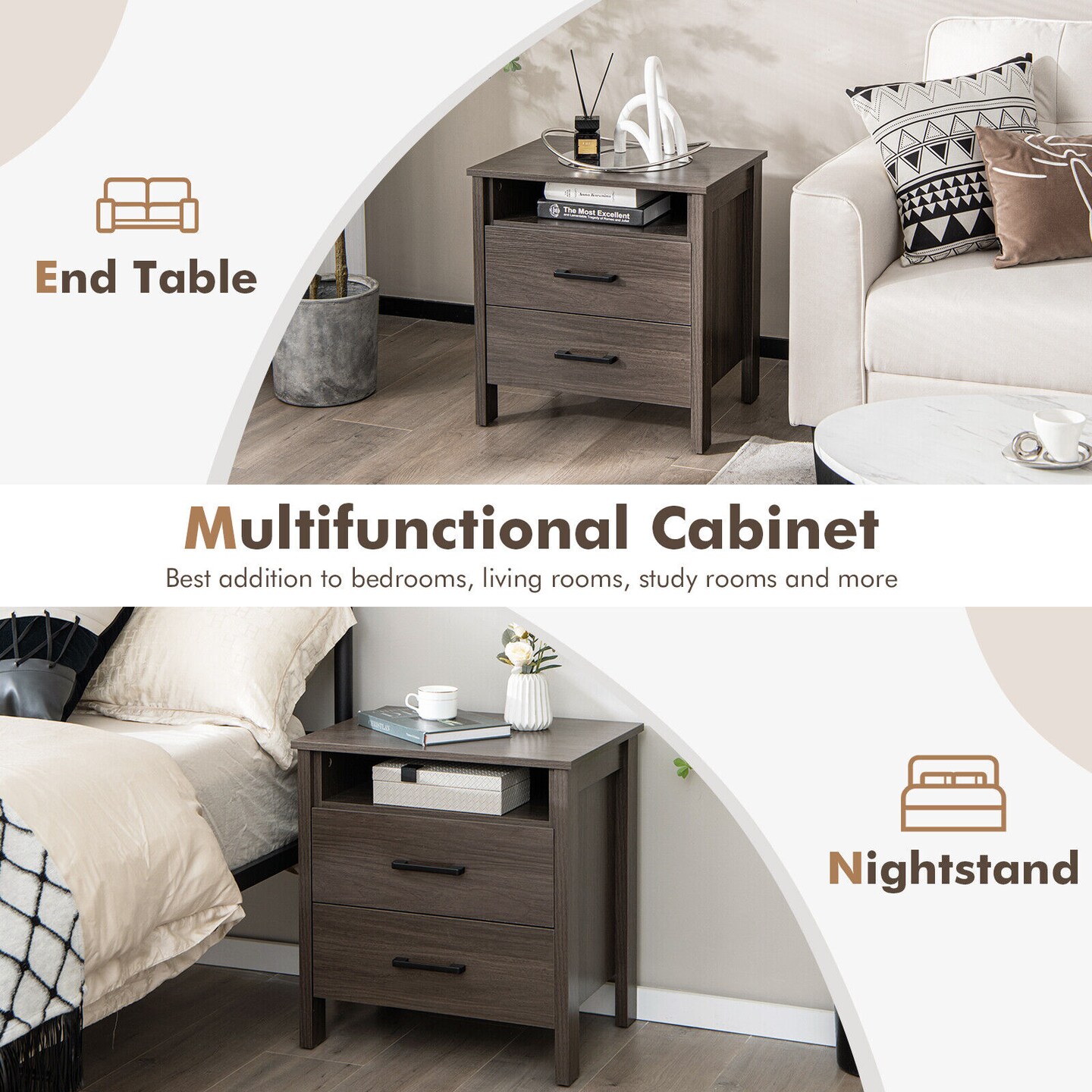 Modern Wood Grain Nightstand With Cable Hole And Open Compartment