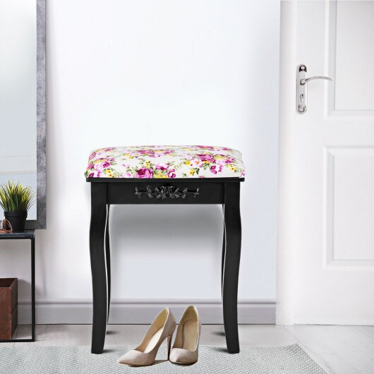 Vanity Wood Dressing Stool Padded Piano Seat With Rose Cushion