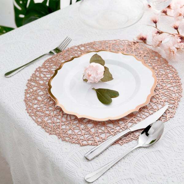 10 WHITE 10.5&#x22; Round Plastic Dinner Plates ROSE GOLD Scalloped Rim