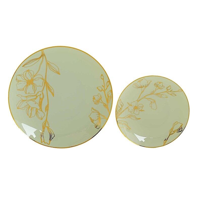 20 Round SAGE GREEN Plastic Salad Dinner PLATES Gold Floral Design