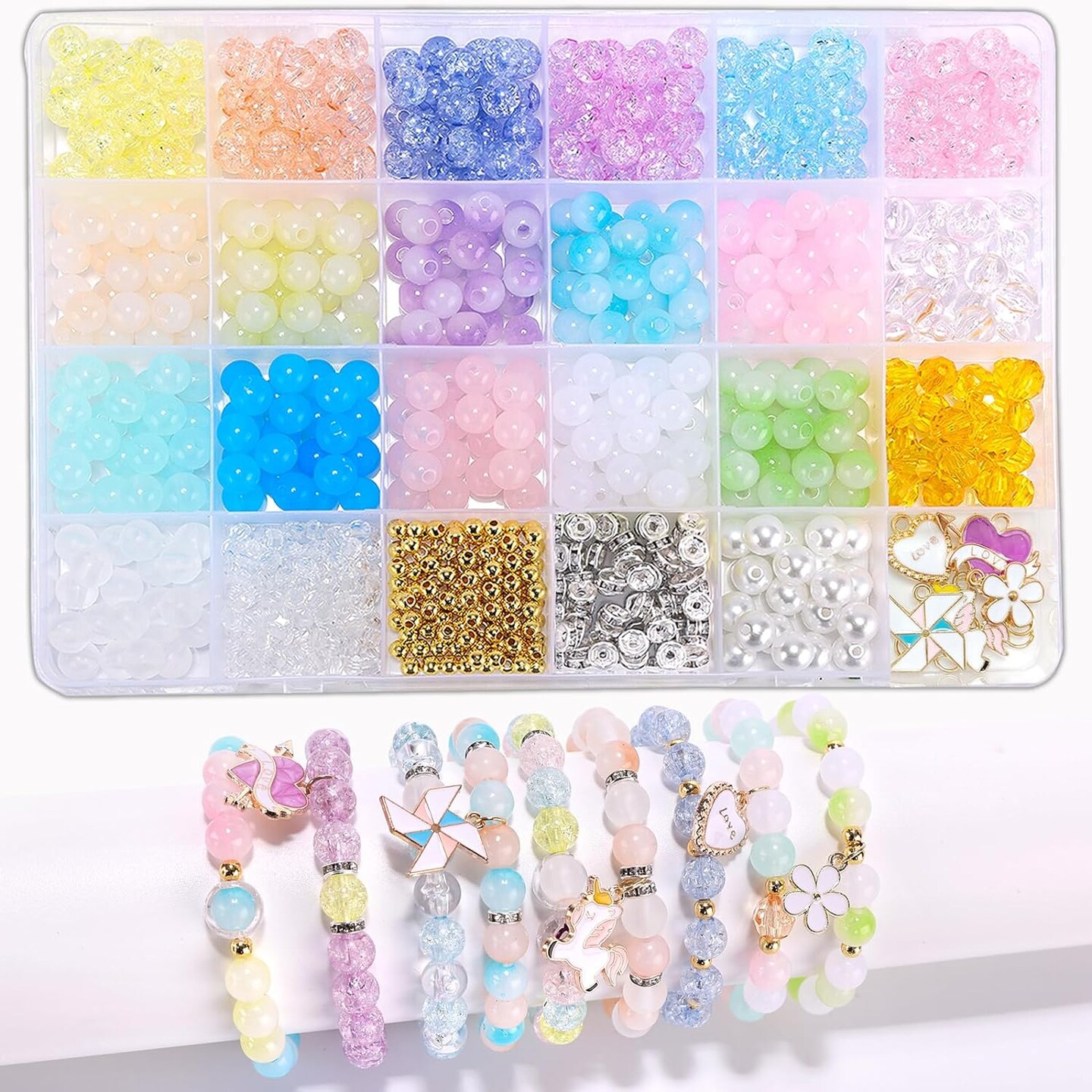 Glass Beads Bracelet Making Kit, Girls' Lovely Cute Bracelet Necklace Jewelry Making Kit, DIY Bulk Acrylic Gradient Bubble Bead Girls' Jewelry, Girls' Birthday Gift