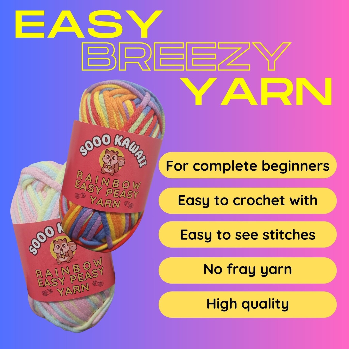 2 Pieces Rainbow Yarn for Crocheting and Knitting for Adults and Kids. Easy-to-See Stitches, No-fray, Beginners Yarn Crochet Kit (2x50g)
