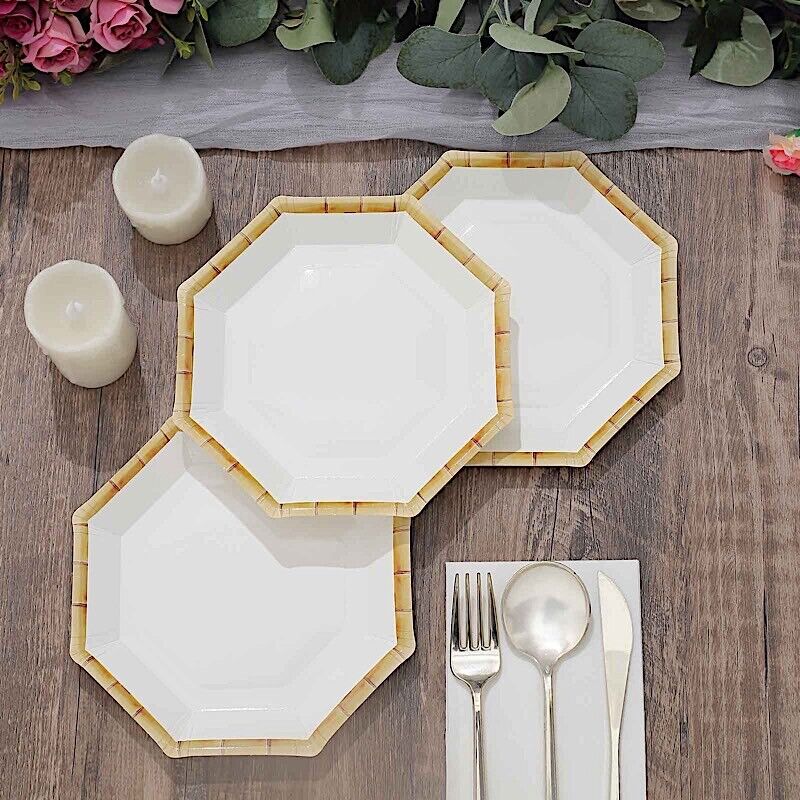 25 Octagon 7" WHITE Paper Salad Dinner PLATES NATURAL Bamboo Print