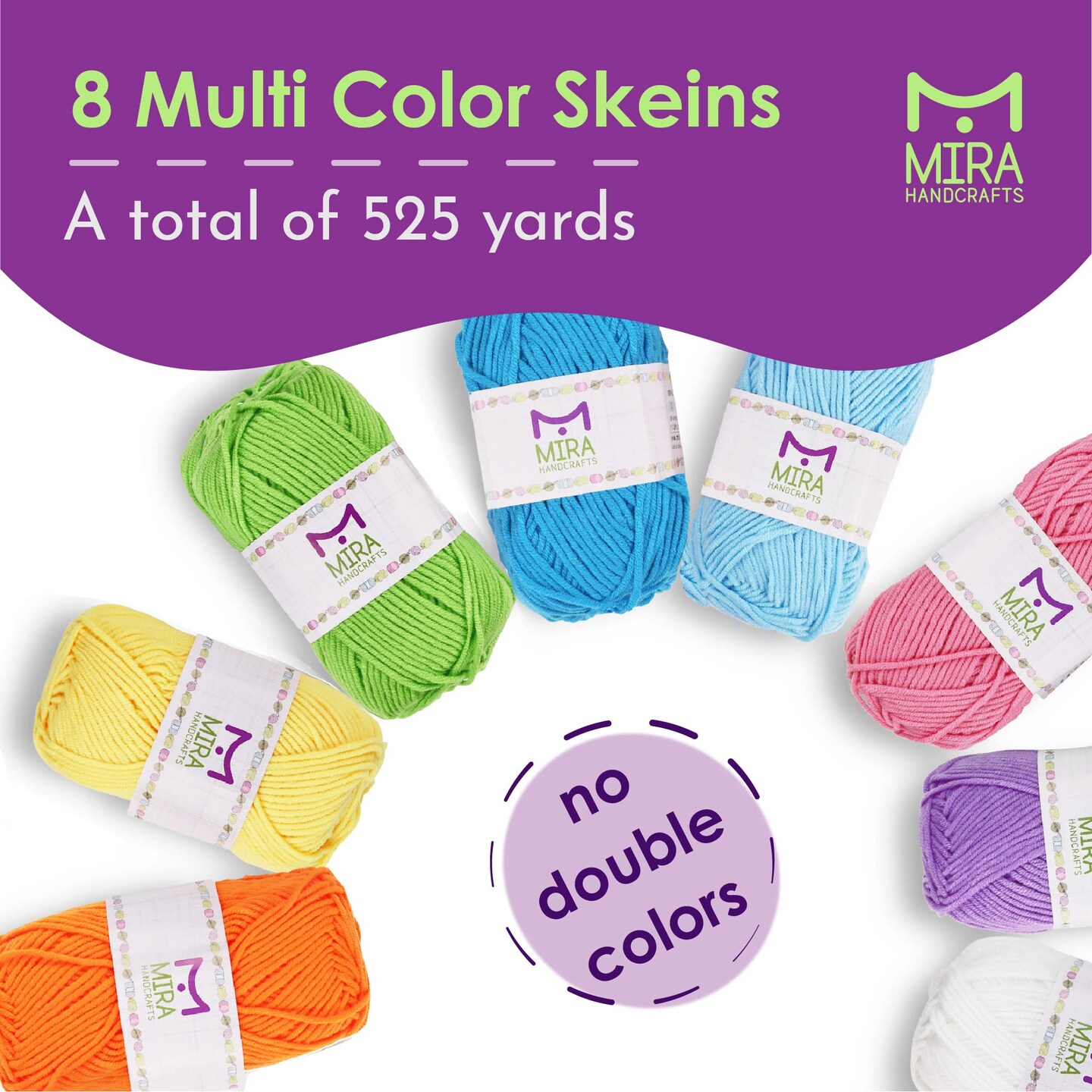 8 Acrylic Yarn Bonbons | Total of 525 yards Craft Yarn | Includes 2 Crochet Hooks, 2 Weaving Needles, 7 E-books | DK Yarn for Knitting and Crochet | Perfect Beginner Kit