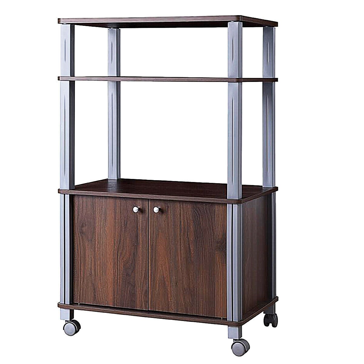 Multi-functional Kitchen Storage Cart with Lockable Wheels and 3 Shelves and Cabinet for Microwave and Dishes